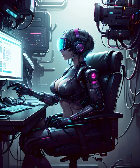 (Masterpiece, best quality), (highres, ultra-detailed), busty female hacker, cyberpunk, ((punk haircut)), long colorful hair, undercut, computer room, sitting in chair, virtual reality headset, brain interface, cables, ((robot arm))