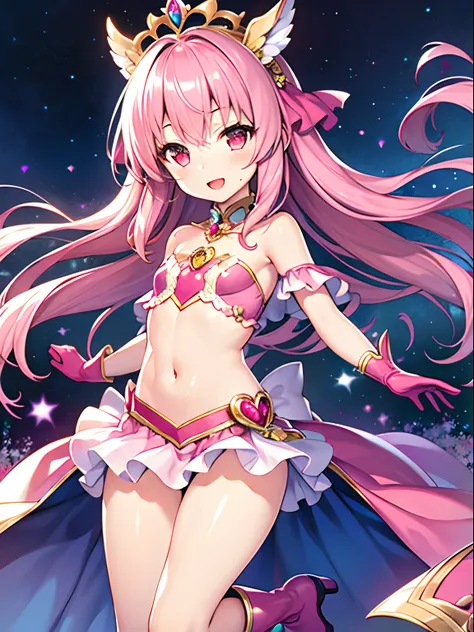 Highly detailed and realistic CG, Colorful , masutepiece, Best Quality, 1girl, pink hair, shiny hair, long hair, red eyes, shiny eyes, seductive smile, skinny legs, contrapposto, standing, open mouth, loli, petite, child, Bulging breasts, magicalgirl costu...