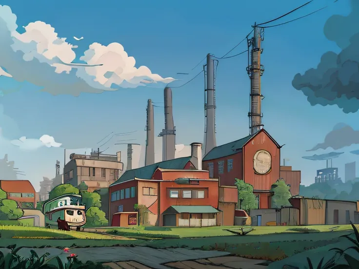 Dilapidated factories，in style of ghibli，Cartoon anime，Hook line art style，less saturated