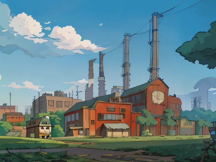 Dilapidated factories，in style of ghibli，Cartoon anime，Hook line art style，less saturated