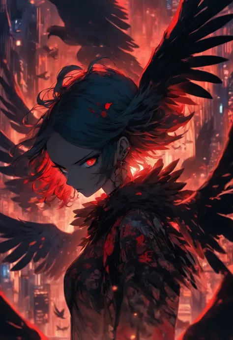 A girl with wings and red tattoos, Dark black and light black style, Anime art, 32k ULTRAHD, Gothic grotesque characters, multilayered dimensions, Hester core, Pigeons can