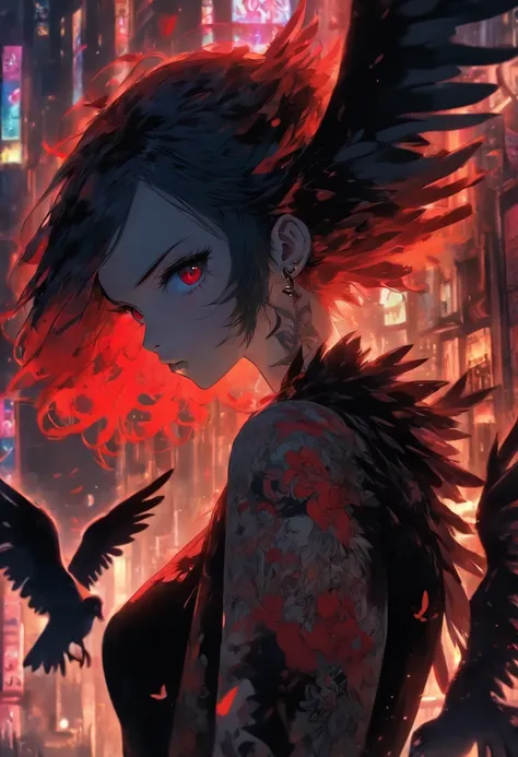 A girl with wings and red tattoos, Dark black and light black style, Anime art, 32k ULTRAHD, Gothic grotesque characters, multilayered dimensions, Hester core, Pigeons can