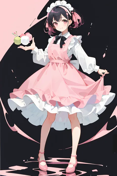 ((Masterpieces:1.2, Highest quality)), 1girl, solo, Pink-haired, bobbed black hair, Skirts that reach the knees, White apron, apron, Pink costume, Pink skirt, one-piece, Ribbon headbands, Tied up dango hair, Smiling mouth, No background, Pink eyes, Sorriso...