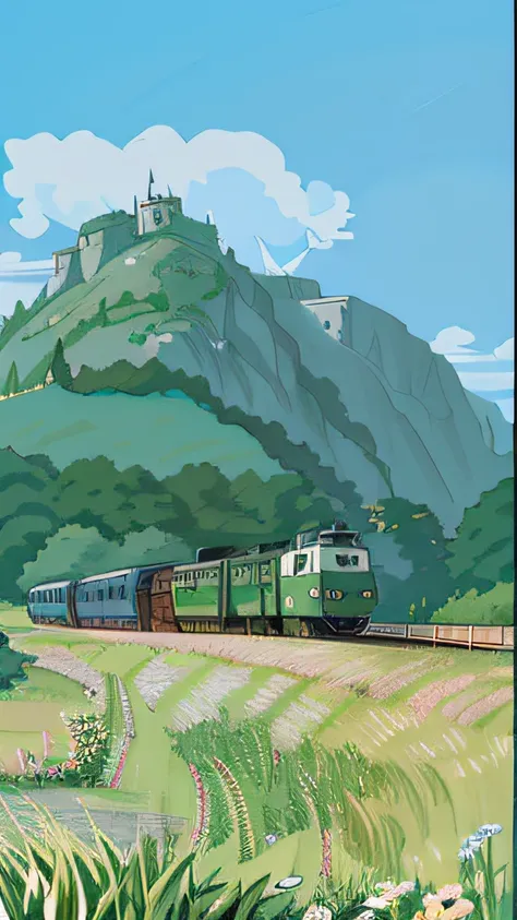 in style of ghibli，Cartoon anime，Hook line style，The battered green-skinned train runs through the countryside