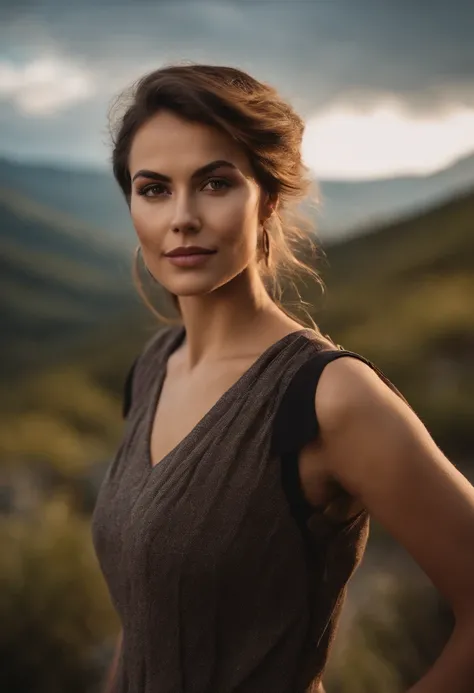 a perfect well-lit (closeup:1.15) (medium shot portrait:0.6) photograph of a beautiful woman standing on the hiking trail, wearing an intriguing outfit, looking at me, coy slight smile