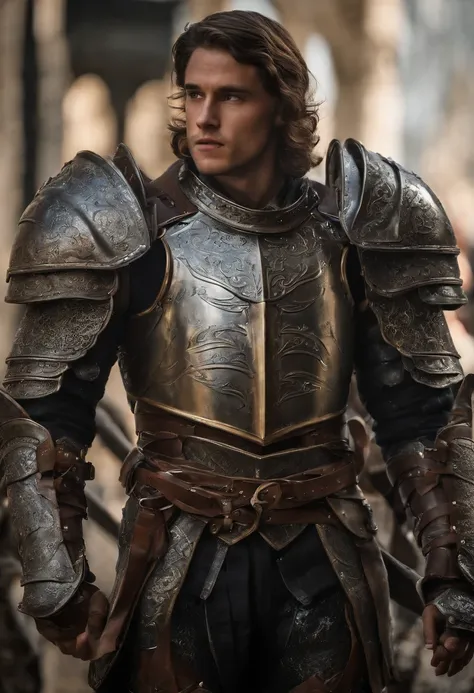 In a world of magic and dragons, a young knight stands out with his modern suit of silver-plated armor. His brown hair is neatly combed, and his blue eyes shine with determination. He holds a war hammer in one hand and a shield in the other, ready to face ...