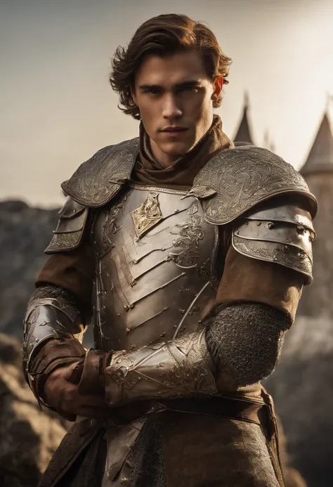 In a world of magic and dragons, a young knight stands out with his modern suit of silver-plated armor. His brown hair is neatly combed, and his blue eyes shine with determination. He holds a war hammer in one hand and a shield in the other, ready to face ...