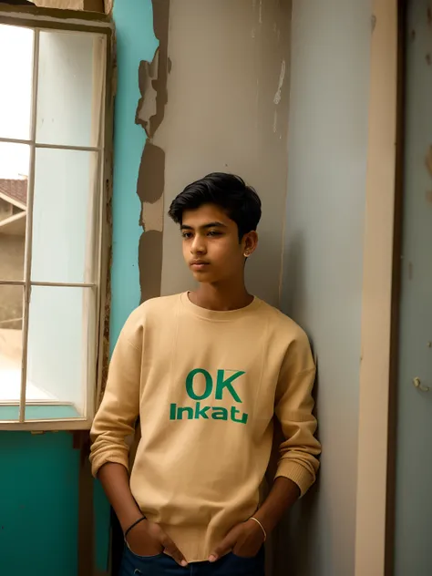 arafed boy in a sweater standing in front of a window, in tshirt, 1 6 years old, twink, 18 years old, inspired by Odhise Paskali, nivanh chanthara, inspired by Bikash Bhattacharjee, with kind face, wearing sweatshirt, around 1 9 years old, ayan nag, male t...