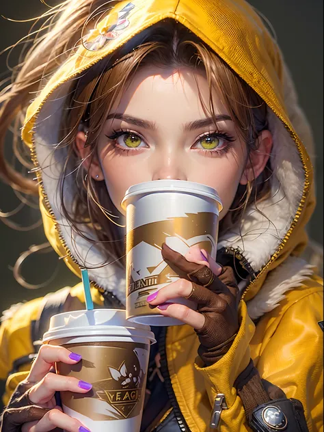 a woman in a yellow jacket holding a cup of coffee, extremely detailed artgerm, anime girl drinks energy drink, senna from league of legends, lovely brigitte from overwatch, brigitte from overwatch, ruan jia and artgerm, trending artgerm, faye valentine, l...