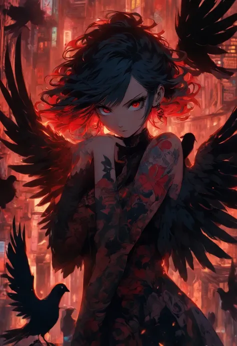 A girl with wings and red tattoos, Dark black and light black style, Anime art, 32k ULTRAHD, Gothic grotesque characters, multilayered dimensions, Hester core, Pigeons can