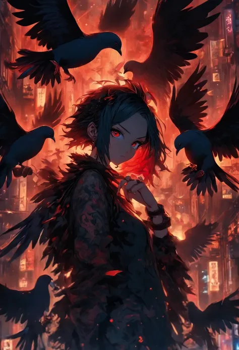 A girl with wings and red tattoos, Dark black and light black style, Anime art, 32k ULTRAHD, Gothic grotesque characters, multilayered dimensions, Hester core, Pigeons can