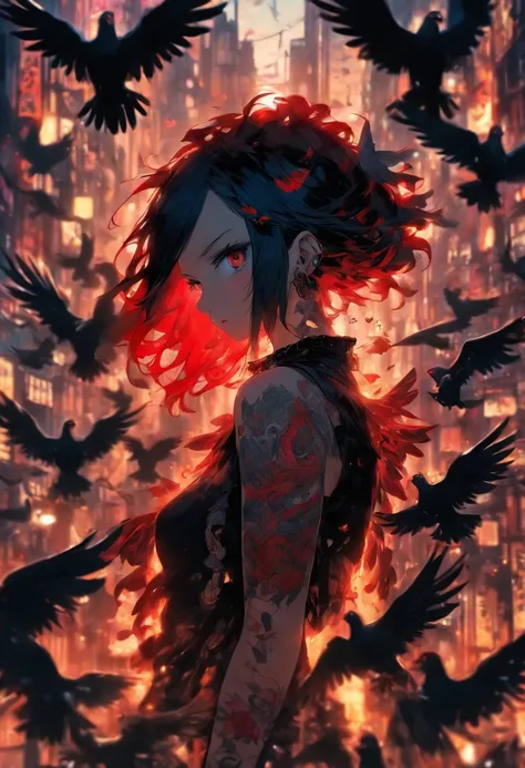 A girl with wings and red tattoos, Dark black and light black style, Anime art, 32k ULTRAHD, Gothic grotesque characters, multilayered dimensions, Hester core, Pigeons can