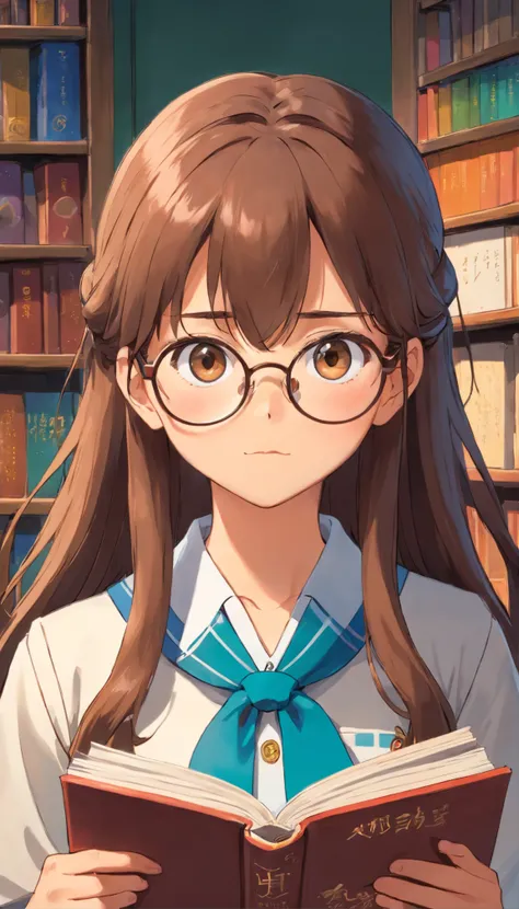 A girl with a long brown hair,eye glasses,front view,handling book,wearing school uniform,serious face,looks like genius.