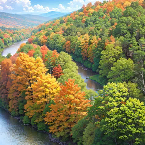 Great view，There is a small river，wind blowing leaves，The leaves are yellow，The continuous trees are all yellow