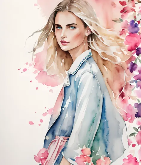 Kelly smith watercolor art Blonde Woman thin hair, french bob, gray blue eyes, gentle pink lipstick, andreea diaconu, peach beige dress, jacket, windy, blue green sea, summer, fantasy, artistic brushstrokes