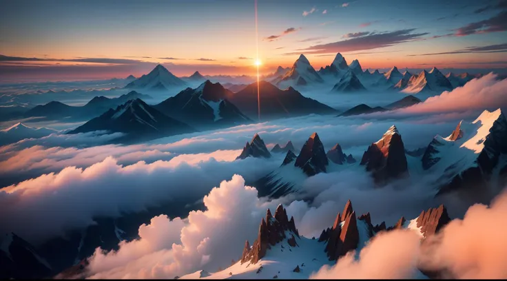 sunraise，Sea of clouds，Mountain tops，Back shadow，view from long distance，realisticlying，plethora of colors，Gorgeous and colorful，wide wide shot，Positive，natural style，hdr shot