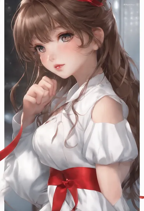 masterpiece,best quality,ultra detailed,8k,girl,white Underwear,15 years old,shiny skin,detailed skin,Brown hair,Locker Room,Suck a string of red ribbon in your mouth,No ribbons in the hair,dynamic angle