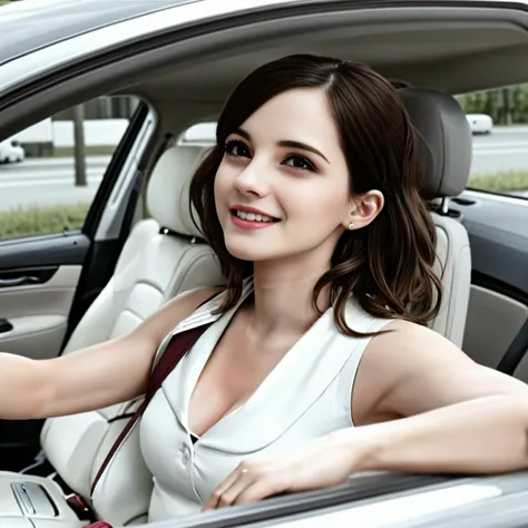 driving car, she expressing joy, forward facing, Smiling, With a happy expression, photo shot, Driving,  easy go,Delicate face，Foreign beauty