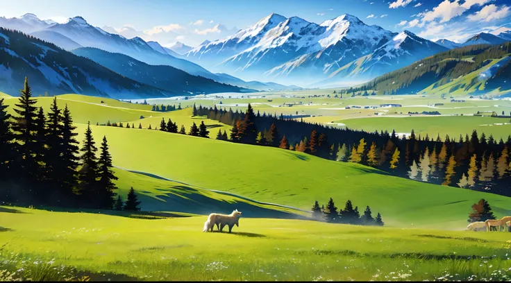 detailed background, masterpiece, best quality, landscape, mountains, grassland, forest, sun, daytime, clouds, flock, wolves