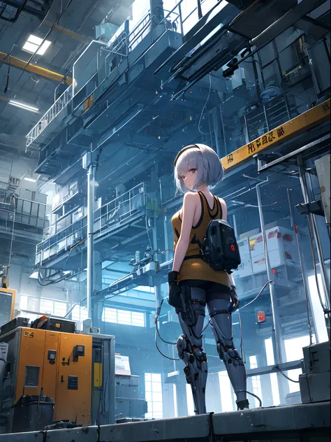 Girl with short-cut silver hair, mechanical headwear, working on robotics in a machine shop, tank top, sweat, mechanical gloves, mechanical prosthetic leg, The upper half of the body is flesh and blood, the lower half is mechanical,