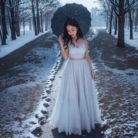 Under a starlit sky, Mila walks through a snow-covered forest, the trees casting intricate shadow patterns on the ground. The moon, full and bright, adds a silvery glow to the scene, making the snow sparkle like a sea of diamonds.
Color: Starry Black, Silv...