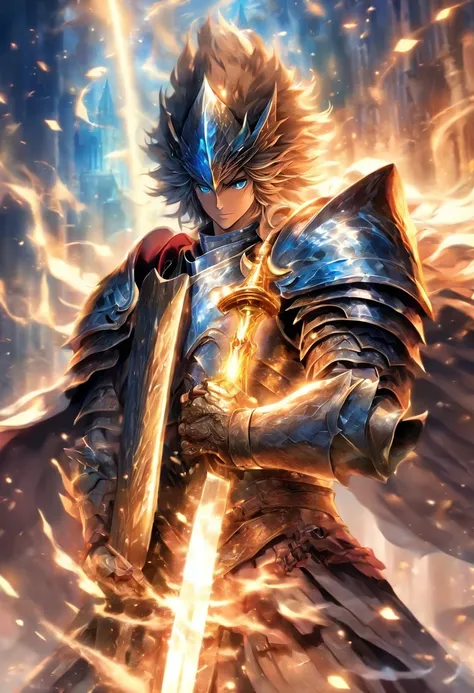 In a world of magic and dragons, a knight stands out with his modern suit of silver-plated armor. His brown hair is neatly combed, and his blue eyes shine with determination. He holds a war hammer in one hand and a shield in the other, ready to face any ch...