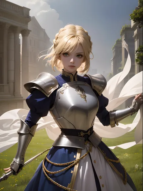 Personable girl, The face of Artoria, King of knights in the Destiny series, standing in a lush green meadow，Surrounded by forests. Her short hair was tied neatly, Charming emerald green eyes, and bright blonde hair，gleaming in the sunlight. Her expression...