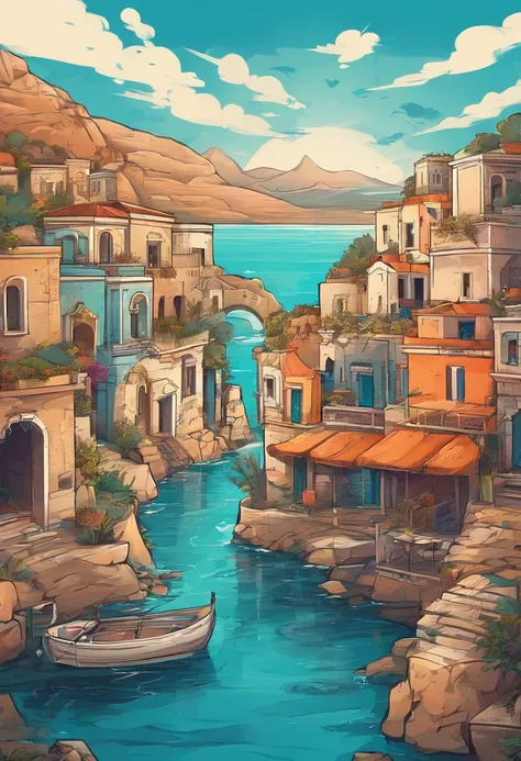 Ancient Greece，Aegean Sea ，—Width 672, landscape artwork, environment design illustration, scenery art detailed, Seaside view, concept-art, 4k highly detailed digital art, 4 k digital painting, 4k digital painting, stunning digital illustration, Desert bac...