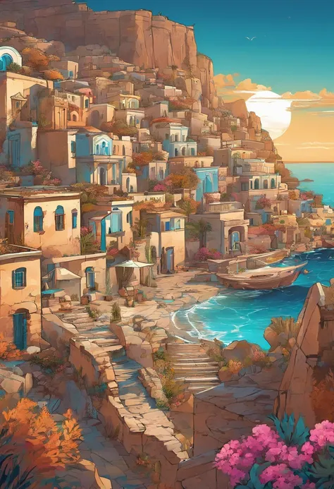 Ancient Greece，Aegean Sea ，—Width 672, landscape artwork, environment design illustration, scenery art detailed, Seaside view, concept-art, 4k highly detailed digital art, 4 k digital painting, 4k digital painting, stunning digital illustration, Desert bac...