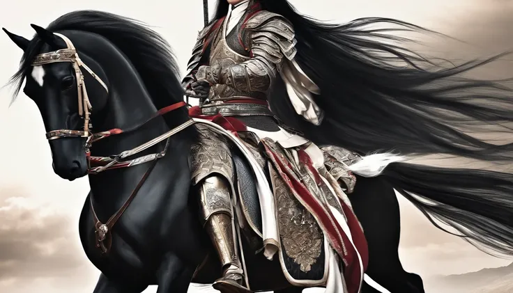 CGI artwork，Original Drawing，white metallic armor，Heavily armored samurai，Oriental samurai，femele，Long hair，ride horse，Black horses