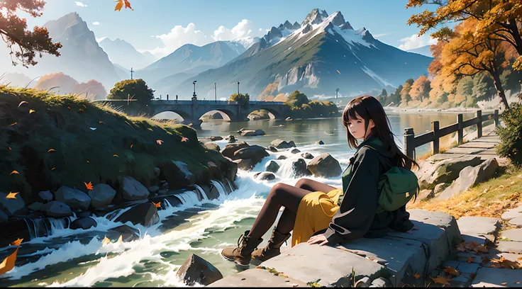 (1 girl, sitting on stones), (great rivers, imposing, rushing currents, waves lapping against stones on the shore), (mountains, towering, majestic, continuous, vegetation cover), (fallen leaves, flying fallen leaves, yellow fallen leaves, withered fallen l...