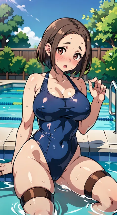 (Perfect body),Best Quality,(8K Portrait),(Official art)、NSFW、embarrassed from、:o、(((blush))),(Sweat),((large udder))、Wet、(Big ass)、(Brown hair),((short-hair))、((Forehead))、((Parted bangs)), (eyes are brown)、(Brown eyes),(((thick thighs)))、((Navy blue high...