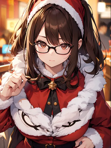 1人の女性、brown haired(Curta)、Brown eyes、Black-rimmed glasses、 Best Quality、ultra-detailliert、8K resolution、Raw photo、masutepiece、gorgeous faces、Perfect body、Christmas、Santa Costumes