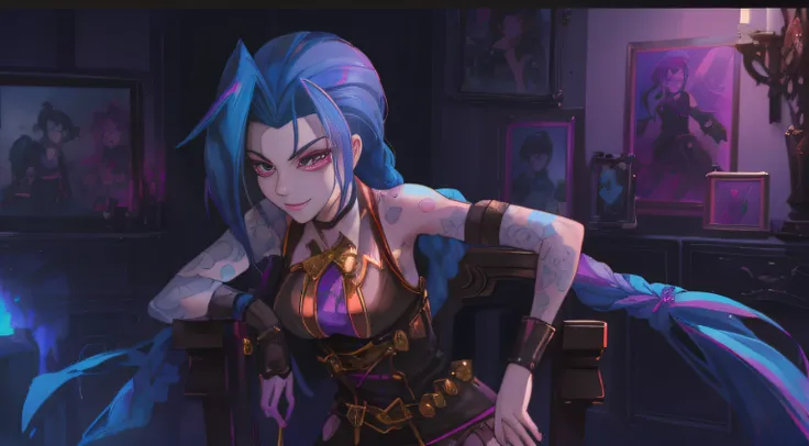 a close up of a woman sitting on a chair in a room, arcane jinx, portrait of jinx from arcane, league of legends art style, jinx from league of legends, league of legends style art, from league of legends, jinx expression, league of legends character art, ...