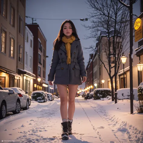 mila wanders through a snow-covered city, the buildings and streets blanketed in white. streetlights cast a warm yellow glow, cr...