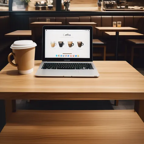 coffee shop. working with one Mac laptop and one cup of coffee. Beautiful and aesthetic. neutral colours.