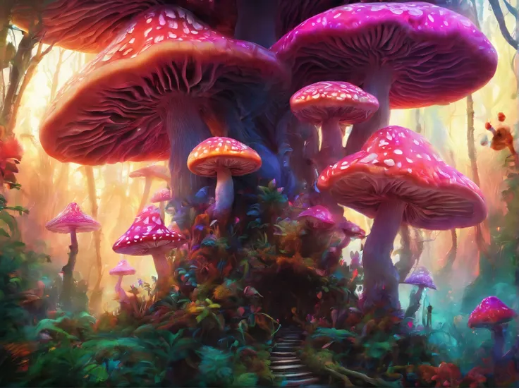 cogumelo trippy，Mushroom forest，Fantastic effect，Rainforest woods，a plant，(Masterpiece, Best quality), Intricate details, 8K, art  stations, Sharp focus,,