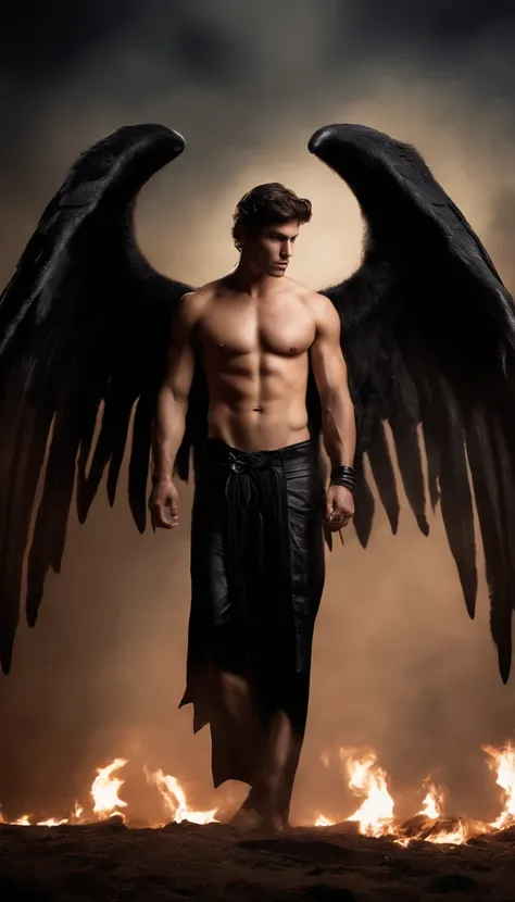 {Create a full-body shot dark fantasy illustration of} a masculine shirtless, barefoot, pantless, 23-year-old male model with short dark, with black horns, while shirtless he wearing a leather skirt-like super short black loincloth who is {embodying} Devil...