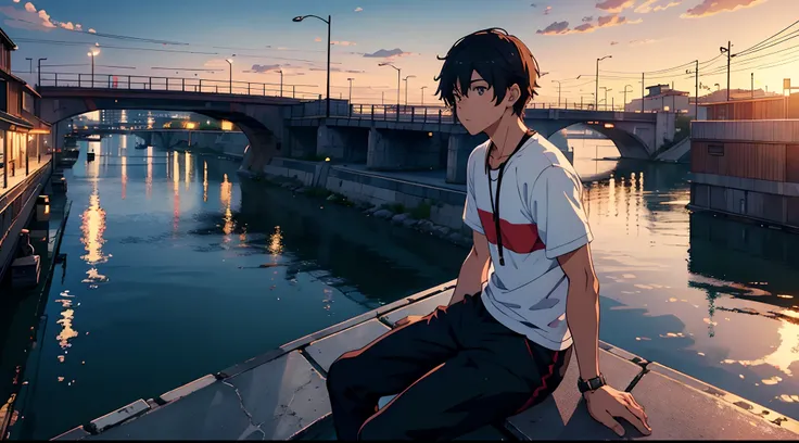 1 Anime handsome boy sitting on a ledge of bridge at sunsetlooking at the river, Crowded people around him at festival, waiting sadly, Wallpaper 8K, Anime Art Wallpaper 8K, Anime Art Wallpaper 8K, Estilo anime 8K, 8k anime wallpapers, Wallpapers manga 4K w...