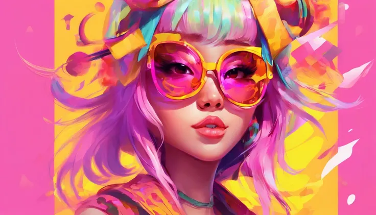 yae miko wearing trendy yellow sunglasses, yellow background, pink hair, purple eyes