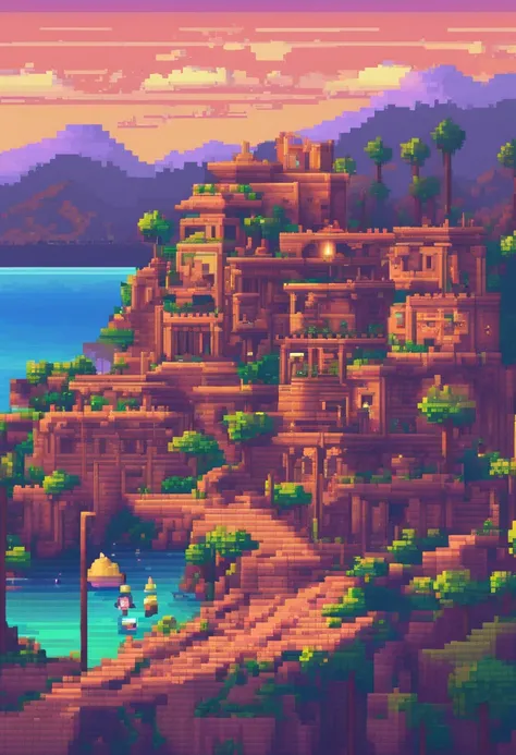 Pixel Art Tourist Landscape. evening. 3D pixel art 4K wallpapers. Amazing pixel art details. Pixel art. vaporwave. Detailed Unreal Engine pixel art