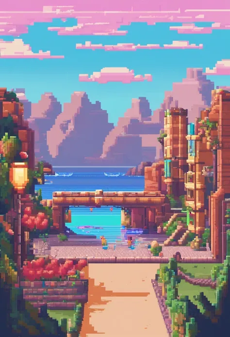 Pixel Art Tourist Landscape. evening. 3D pixel art 4K wallpapers. Amazing pixel art details. Pixel art. vaporwave. Detailed Unreal Engine pixel art