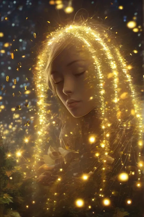 A person made of fireflies, surrounded by fireflies.