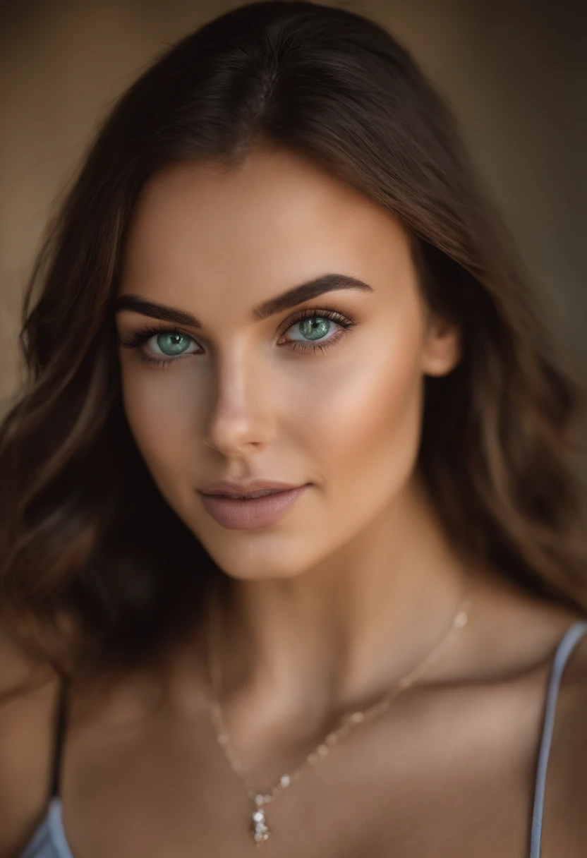 Arafed woman with a white tank top and necklace, fille sexy aux yeux verts, Portrait Sophie Mudd, cheveux bruns et grands yeux, selfie of a young woman, Yeux de chambre, Violet Myers, sans maquillage, maquillage naturel, looking straight at camera, Visage ...