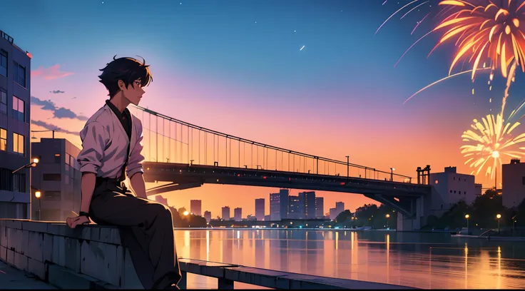 1 Anime handsome boy sitting on a ledge of bridge at sunsetlooking at the river, Crowded festival, waiting sadly, Fireworks, Wallpaper 8K, Anime Art Wallpaper 8K, Anime Art Wallpaper 8K, Estilo anime 8K, 8k anime wallpapers, Wallpapers manga 4K wallpapers,...