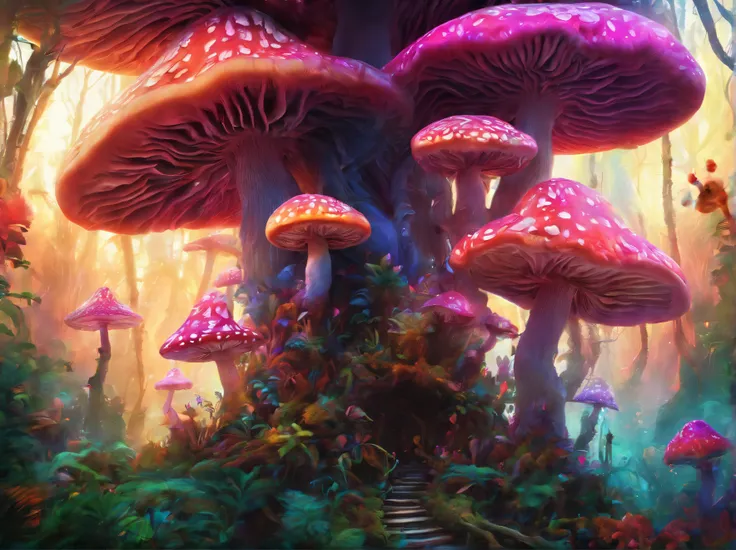 cogumelo trippy，Mushroom forest，Fantastic effect，Rainforest woods，a plant，(Masterpiece, Best quality), Intricate details, 8K, art  stations, Sharp focus,,