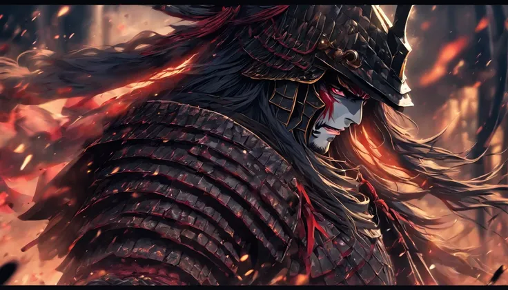 CGI artwork，Original Drawing，Black metal armor，Heavily armored samurai，Medieval samurai，femele，long whitr hair，ride horse，Dark horse，Kill，battlefiled，Fight in blood