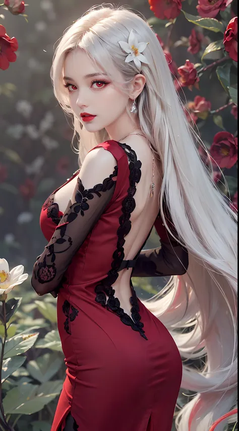 a beautiful and sexy 20 year old girl, ((wearing a super thin red dress:1.8)), diamond dress, ((long platinum hair:1.6)), bangs,...