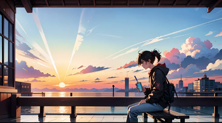 The boy sits on a bench，Hold a skateboard and drinks, shoun, Sitting on the railing, the city in the distance，Sky clouds, , Cai Xukun, , extreme low angle long shot, Trendy clothing style,, With sunset, 独奏，exteriors，buliding，​​clouds，sitted，城市，siluette，vie...