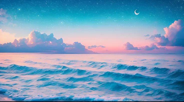 moon, sky, soft clouds, ocean waves sparkling, sky in a gradient of pastel colors with twinkling stars. Immerse yourself in a mystical world full of magical elements (weighted at 0.9).